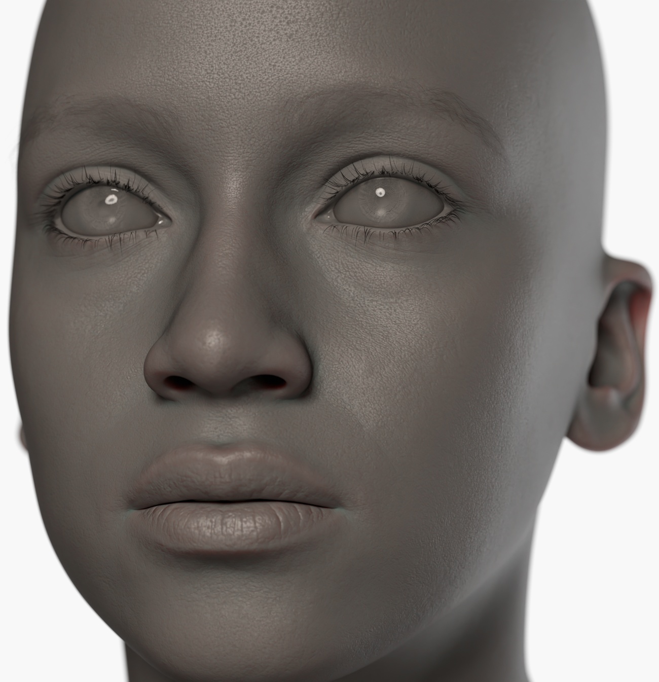 Clay render of a female head 3D scan highlighting skin pore surface detail and facial geometry accuracy